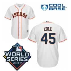 Mens Majestic Houston Astros 45 Gerrit Cole Replica White Home Cool Base Sitched 2019 World Series Patch jersey