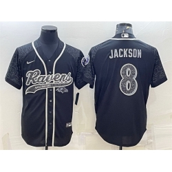 Men Baltimore Ravens 8 Lamar Jackson Black Reflective With Patch Cool Base Stitched Baseball Jersey