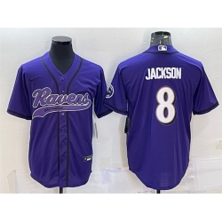 Men Baltimore Ravens 8 Lamar Jackson Purple With Patch Cool Base Stitched Baseball Jersey