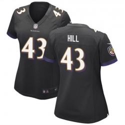 Women Baltimore Ravens 43 Justice Hill Black Football Jersey  Run Small