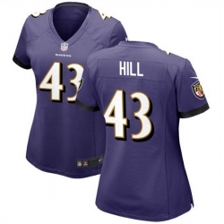 Women Baltimore Ravens 43 Justice Hill Purple Football Jersey  Run Small