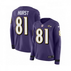 Womens Nike Baltimore Ravens 81 Hayden Hurst Limited Purple Therma Long Sleeve NFL Jersey