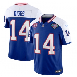 Men Buffalo Bills 14 Stefon Diggs Blue White 35th And 75th Patch 2023 F U S E  Throwback Vapor Untouchable Limited Stitched Jersey