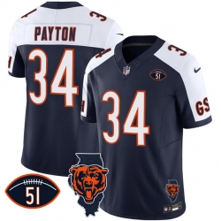 Men Chicago Bears 34 Walter Payton Navy White F U S E  With Illinois And No  51 Patch Stitched Football Jersey