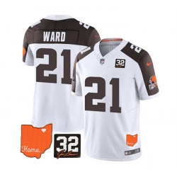 Men Cleveland Browns 21 Denzel Ward White Brown 2023 F U S E  With Jim Brown Memorial Patch Vapor Untouchable Limited Stitched Jersey