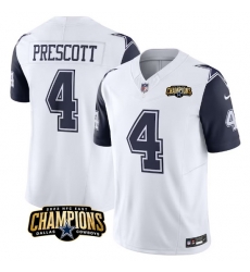 Men Dallas Cowboys 4 Dak Prescott White Navy 2023 F U S E  NFC East Champions Patch Stitched Football Jersey