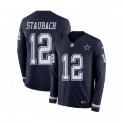 Mens Nike Dallas Cowboys 12 Roger Staubach Limited Navy Blue Therma Long Sleeve NFL Jersey