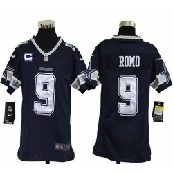 Nike Cowboys #9 Tony Romo Navy Blue Team Color With C Patch Youth Stitched NFL Elite Jersey