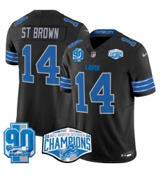 Men Detroit Lions 14 Amon Ra St  Brown Black 2024 NFC North Champions 90th Anniversary Patch F U S E  Vapor Limited Stitched Jersey