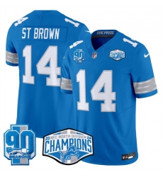 Men Detroit Lions 14 Amon Ra St  Brown Blue 2024 NFC North Champions 90th Anniversary Patch F U S E  Vapor Limited Stitched Jersey