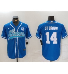 Men Detroit Lions 14 Amon Ra St  Brown Blue With 90th Anniversary Patch Cool Base Stitched Baseball Jersey