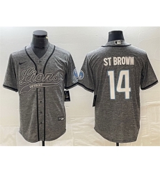 Men Detroit Lions 14 Amon Ra St  Brown Grey Cool Base Stitched Baseball Jersey