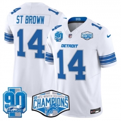 Men Detroit Lions 14 Amon Ra St  Brown White 2024 NFC North Champions 90th Anniversary Patch F U S E  Vapor Limited Stitched Jersey