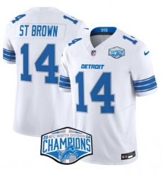 Men Detroit Lions 14 Amon Ra St  Brown White 2024 NFC North Champions F U S E  Vapor Limited Stitched Jersey