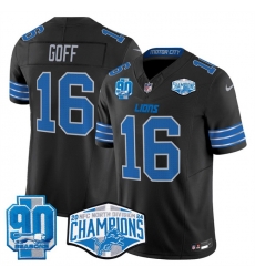 Men Detroit Lions 16 Jared Goff Black 2024 NFC North Champions 90th Anniversary Patch F U S E  Vapor Limited Stitched Jersey