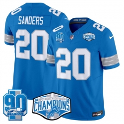 Men Detroit Lions 20 Barry Sanders Blue 2024 NFC North Champions 90th Anniversary Patch F U S E  Vapor Limited Stitched Jersey