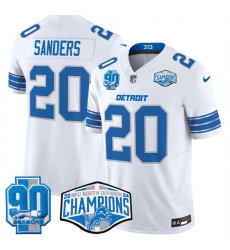 Men Detroit Lions 20 Barry Sanders White 2024 NFC North Champions 90th Anniversary Patch F U S E  Vapor Limited Stitched Jersey