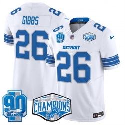 Men Detroit Lions 26 Jahmyr Gibbs White 2024 NFC North Champions 90th Anniversary Patch F U S E  Vapor Limited Stitched Jersey