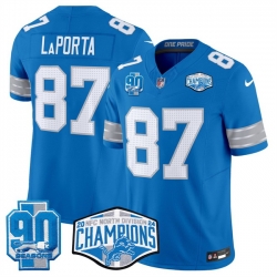 Men Detroit Lions 87 Sam LaPorta Blue 2024 NFC North Champions 90th Anniversary Patch F U S E  Vapor Limited Stitched Jersey