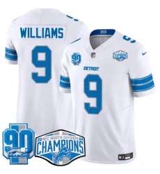 Men Detroit Lions 9 Jameson Williams White 2024 NFC North Champions 90th Anniversary Patch F U S E  Vapor Limited Stitched Jersey