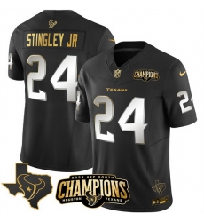 Men Houston Texans 24 Derek Stingley Jr  Black Golden 2023 F U S E  With AFC South Champions Patch And Team Logo Patch Limited Stitched Football Jersey