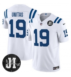 Men Indianapolis Colts 19 Johnny Unitas White 2025 F U S E  Jim Irsay Patch Vapor Limited Stitched Football Jersey Men Indianapolis Colts 19 Johnny Unitas White 2025 F U S E  Jim Irsay Patch Vapor Limited Stitched Football Jersey
