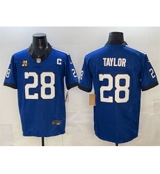 Men Indianapolis Colts 28 Jonathan Taylor Blue 2025 F U S E  Jim Irsay Patch Throwback Vapor Limited Stitched Football Jersey