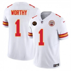 Men   Kansas City Chiefs 1 Xavier Worthy White 2025 F U S E  John Madden Patch Vapor Untouchable Limited Stitched Football Jersey