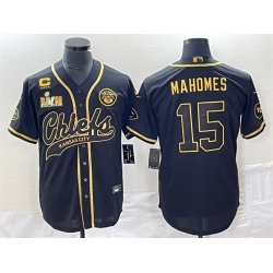 Men Kansas City Chiefs 15 Patrick Mahomes Black Gold With 4 Star C Patch And Super Bowl LVII Patch Cool Bae Stitched Baseball Jersey