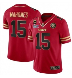 Men Kansas City Chiefs 15 Patrick Mahomes Red GoldSuper Bowl LVII Patch And 4 Star C Patch Vapor Untouchable Limited Stitched Jersey