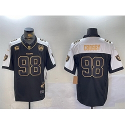 Men Las Vegas Raiders 98 Maxx Crosby Black Gold F U S E  With Nevada Silver Stat Patch And 65th Anniversary Patch 4 Star C Patch Limited Stitched Football 