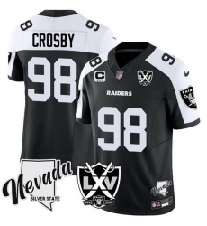 Men Las Vegas Raiders 98 Maxx Crosby Black White 2024 F U S E With Nevada Silver Stat Patch And 65th Anniversary Patch 3 Star C Patch Stitched Football Jer