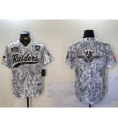 Men Las Vegas Raiders Team Big Logo 2024 Arctic Camo Salute To Service With 65th Anniversary Patch Stitched Baseball Jersey 1