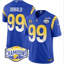 Men Los Angeles Rams 99 Aaron Donald Blue 2024 NFC West Champions With 4 Star C Patch F U S E  Vapor Untouchable Stitched Football Jersey