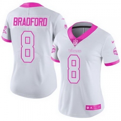 Nike Vikings #8 Sam Bradford White Pink Womens Stitched NFL Limited Rush Fashion Jersey