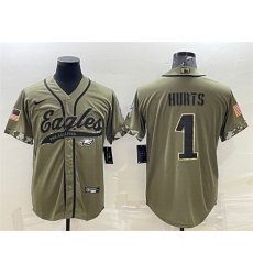 Men Philadelphia Eagles 1 Jalen Hurts Olive 2022 Salute To Service Cool Base Stitched Baseball Jersey