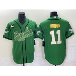 Men Philadelphia Eagles 11 A  J  Brown Green Gold With C Patch Cool Base Stitched Baseball Jersey