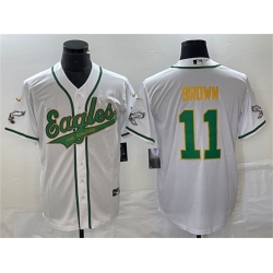 Men Philadelphia Eagles 11 A  J  Brown White Gold Cool Base Stitched Baseball Jersey