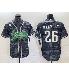 Men Philadelphia Eagles 26 Saquon Barkley Gray Camo With 3 star C Patch Cool Base Baseball Stitched Jersey