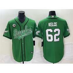 Men Philadelphia Eagles 62 Jason Kelce Green With C Patch Cool Base Stitched Baseball Jersey