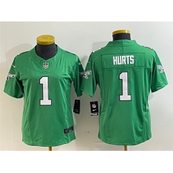 Women Philadelphia Eagles 1 Jalen Hurts Green 2023 F U S E  Stitched Football Jersey  Run Small