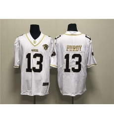 Men San Francisco 49ers 13 Brock Purdy White Gold With 75th Anniversary Patch Stitched Jersey