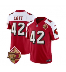 Men San Francisco 49ers 42 Ronnie Lott Red White 2023 F U S E  50th Patch Throwback Stitched Football Jersey