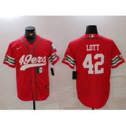 Men San Francisco 49ers 42 Ronnie Lott Red With Patch Cool Base Stitched Baseball Jersey  2