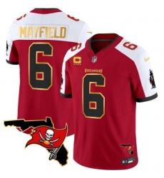 Men Tampa Bay Buccaneers 6 Baker Mayfield Red White F U S E  With 4 Star C Ptach And Florida Patch Gold Trim Vapor Stitched Jersey