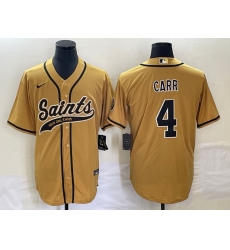 Men's New Orleans Saints #4 Derek Carr Gold With Patch Cool Base Stitched Baseball Jersey