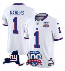 Men New York Giants 1 Malik Nabers White 2024 F U S E 100th Season And State Patch Vapor Limited Stitched Football Jersey