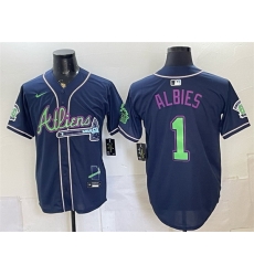 Men Atlanta Braves  1 Ozzie Albies Navy Galaxy With Outkast Patch Vapor Limited Stitched Baseball Jersey