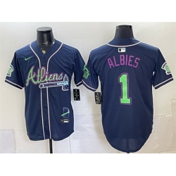 Men Atlanta Braves  1 Ozzie Albies Navy Galaxy With Outkast Patch Vapor Limited Stitched Baseball Jersey