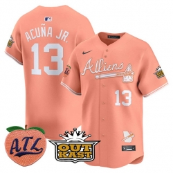 Men Atlanta Braves 13 Ronald Acu F1a Jr  Peach 2024 Atliens  26 Peach With Outkast Patch Vapor Limited Stitched Baseball Jersey